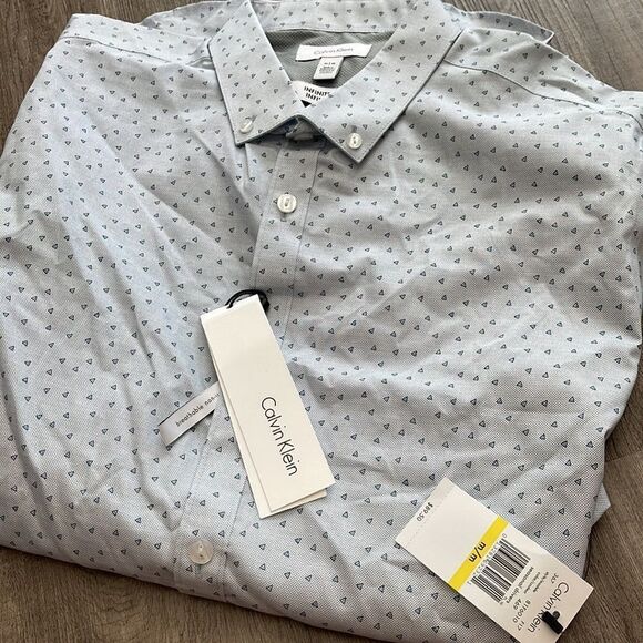 Calvin Klein Infinite Triangles Non-Iron Sport Shirt-WHITE/BLUE-Medium - Picture 2 of 4